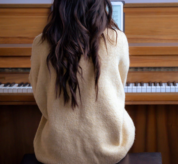 woman learning to play piano